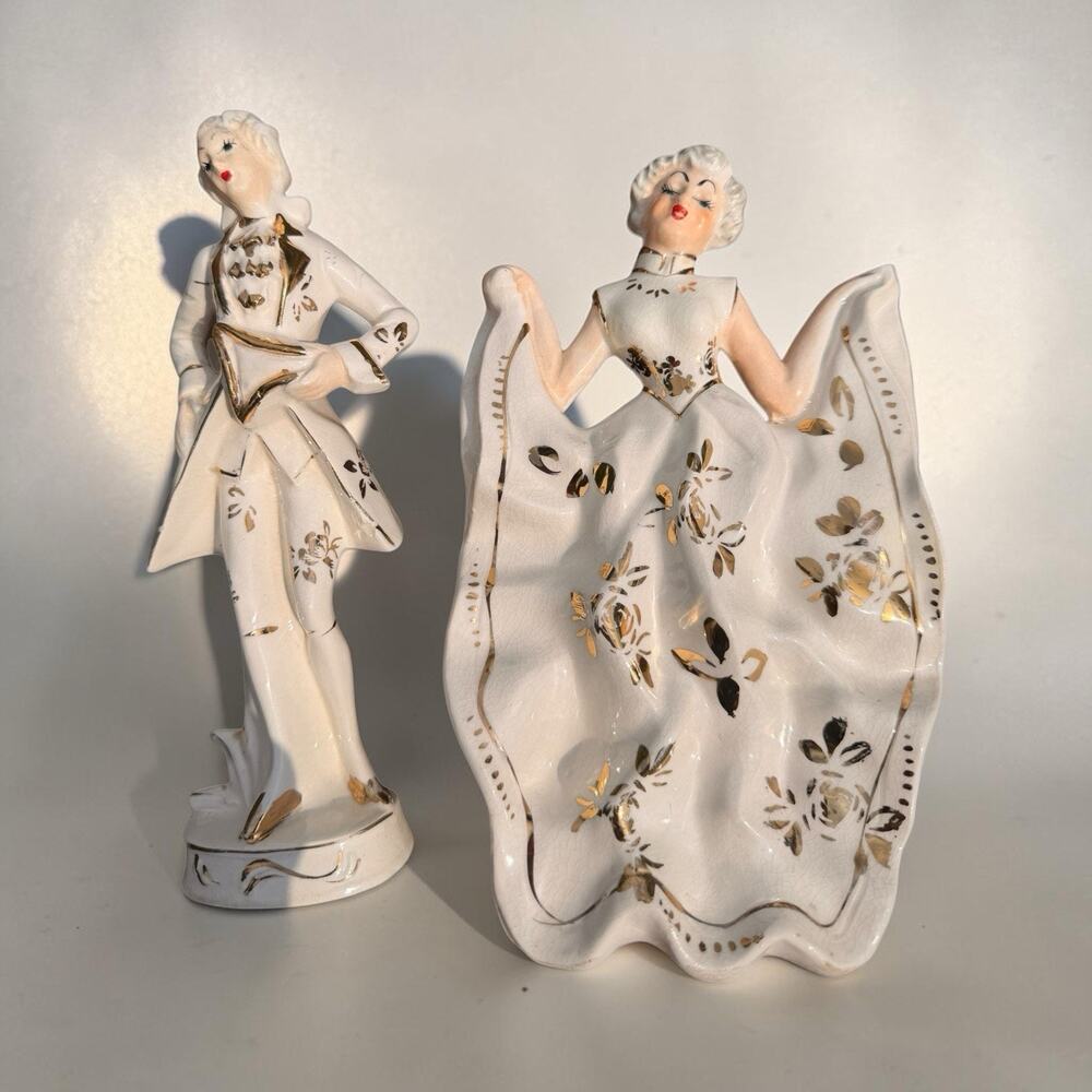 Vintage Dancing Couple Ceramic Figure Man Women Hand Painted Gold Accents Japan